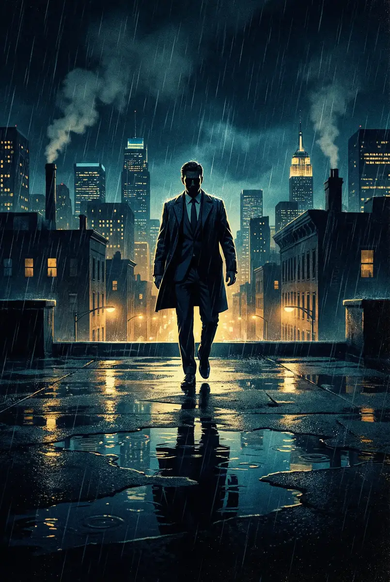 青春失乐园电视剧 出品影片《雨夜独行者》海报，雨中城市屋顶男性剪影